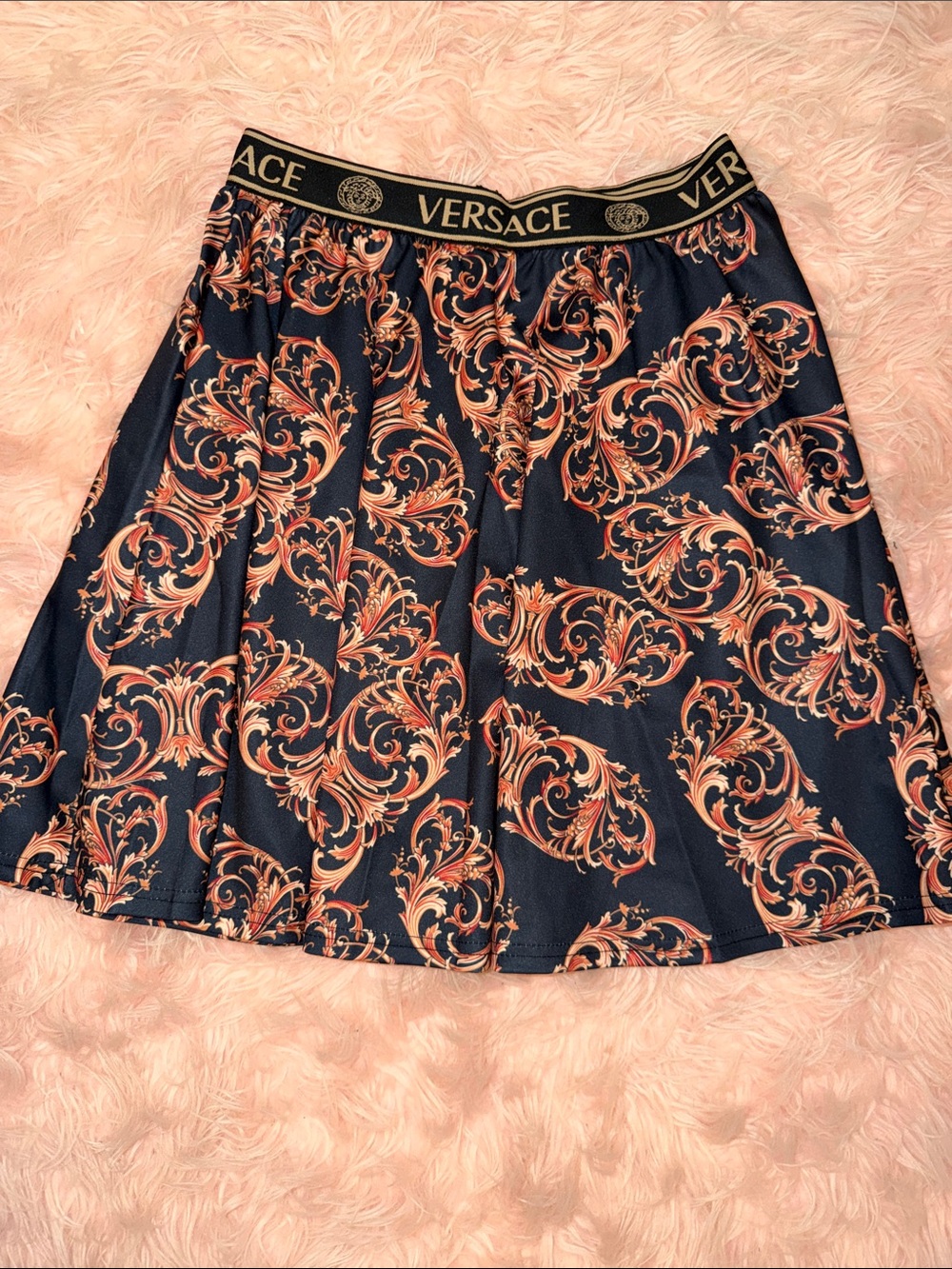 Versace Navy Skater Skirt with Gold Baroque Motif